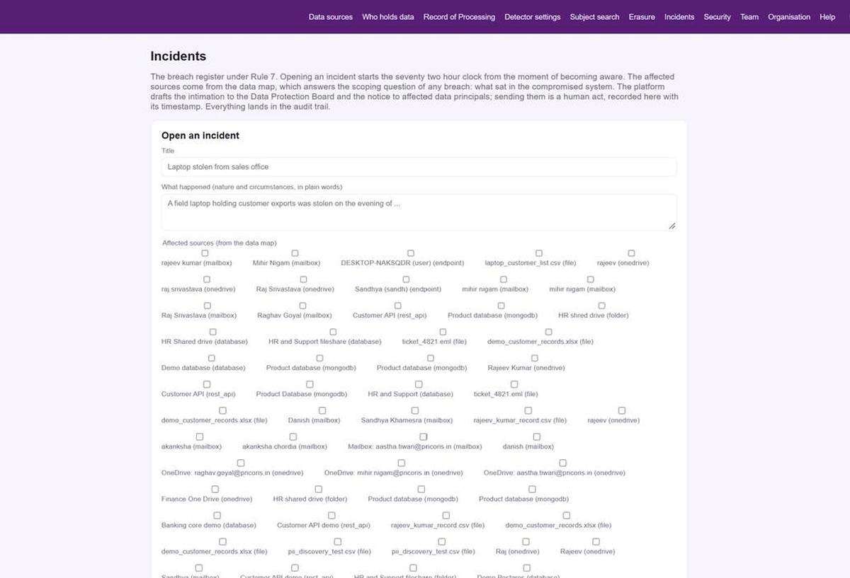 Open an incident: title, what happened in plain words, and the affected sources selected from the data map.